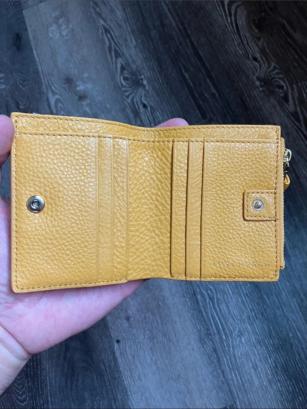 Tory Burch Pebbled Leather Zip Card Case in Mustard